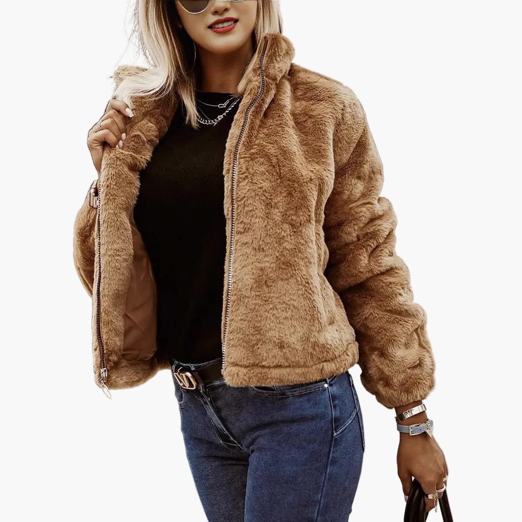Women's Fluffy Zip-Front Bomber Jacket in Soft Faux Fur - Brown