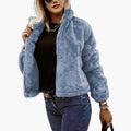 Women's Fluffy Zip-Front Bomber Jacket in Soft Faux Fur - Blue