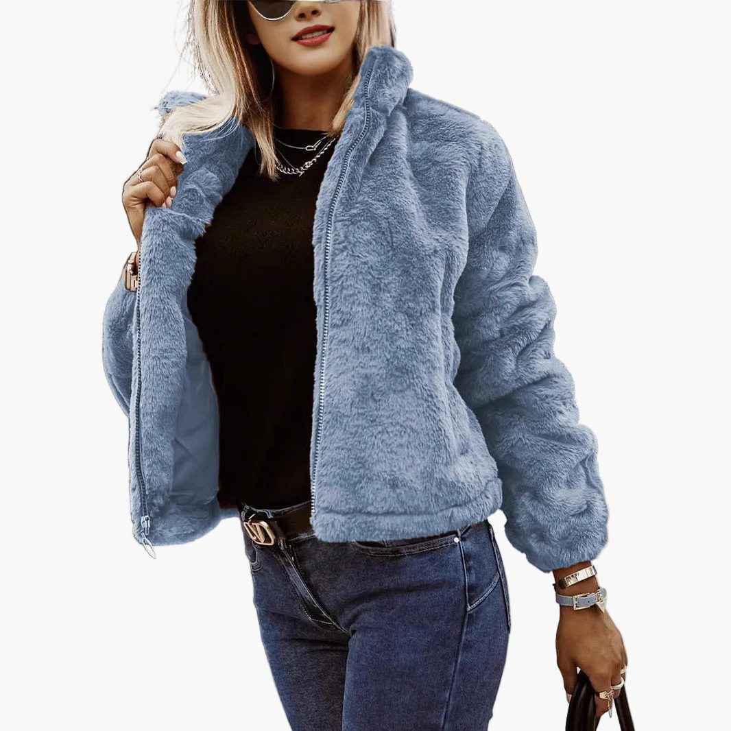 Women's Fluffy Zip-Front Bomber Jacket in Soft Faux Fur - Blue
