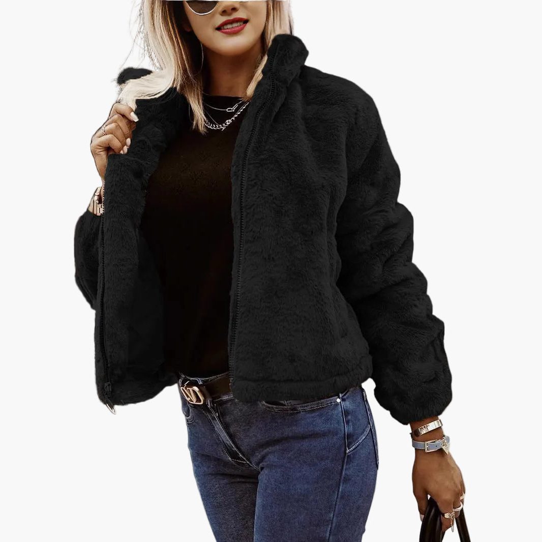 Women's Fluffy Zip-Front Bomber Jacket in Soft Faux Fur - Black