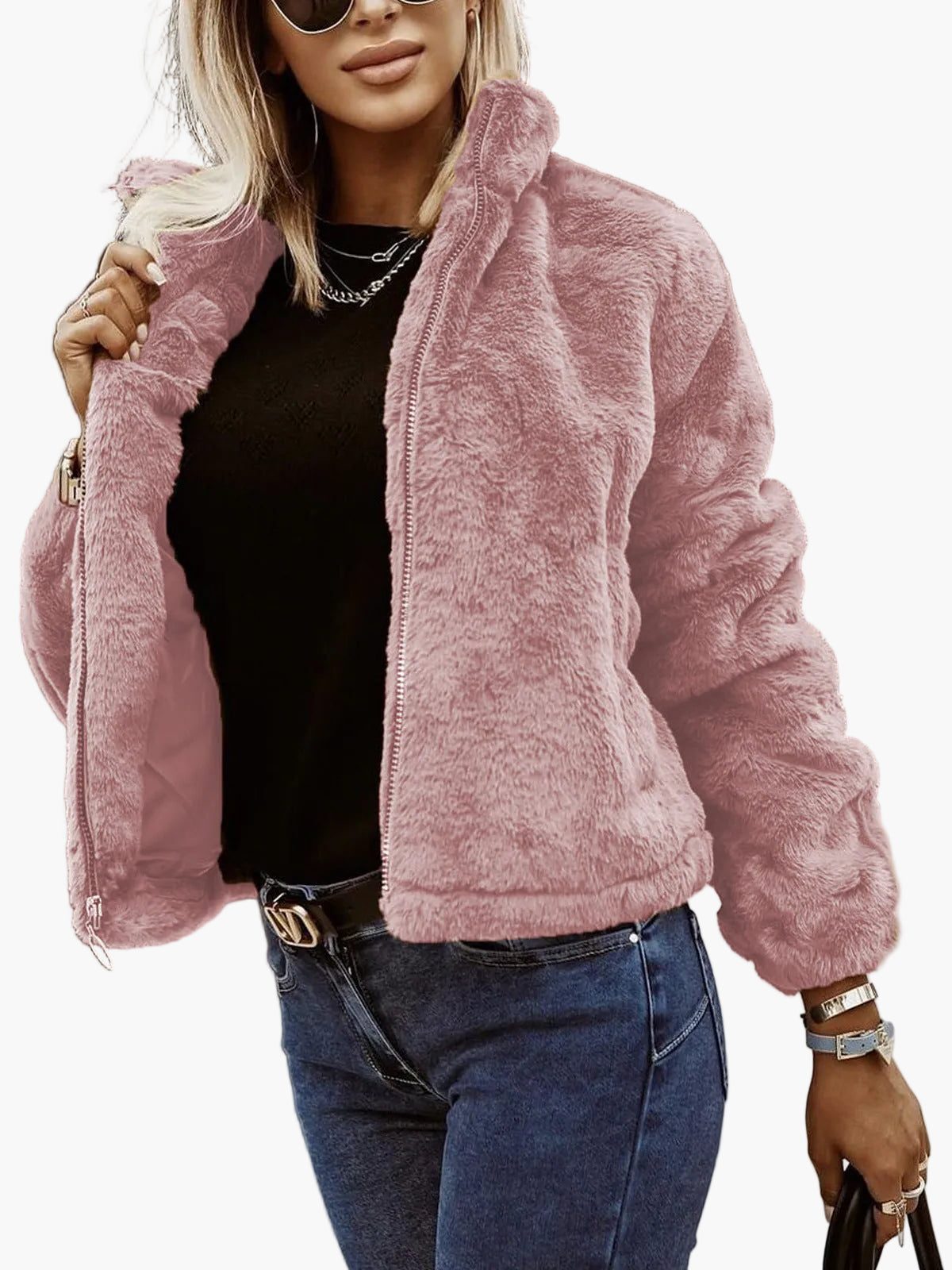 Women's Fluffy Zip-Front Bomber Jacket in Soft Faux Fur - Pink
