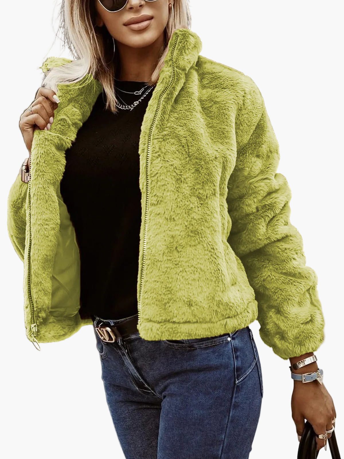 Women's Fluffy Zip-Front Bomber Jacket in Soft Faux Fur - Green