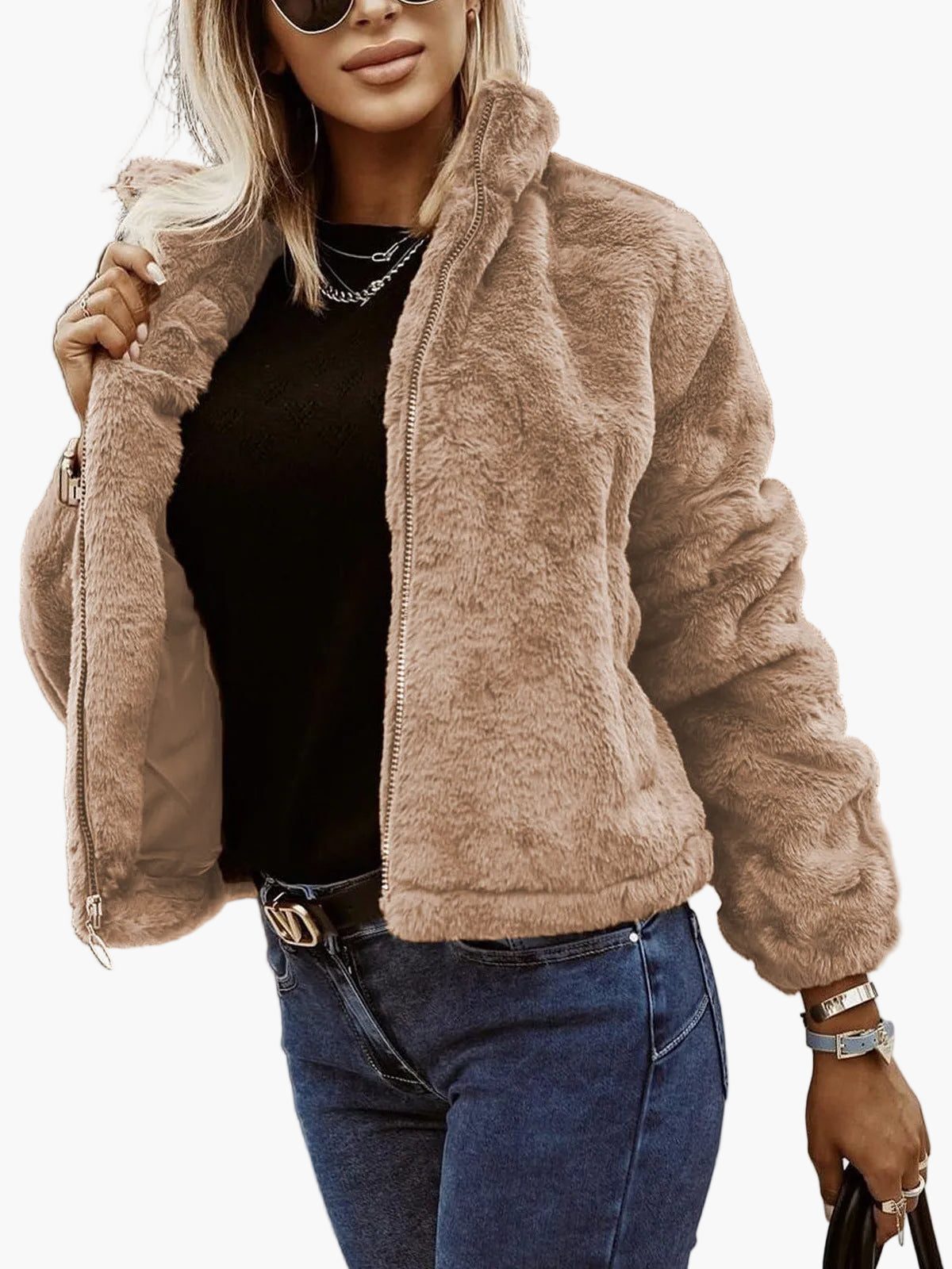 Women's Fluffy Zip-Front Bomber Jacket in Soft Faux Fur - Khaki