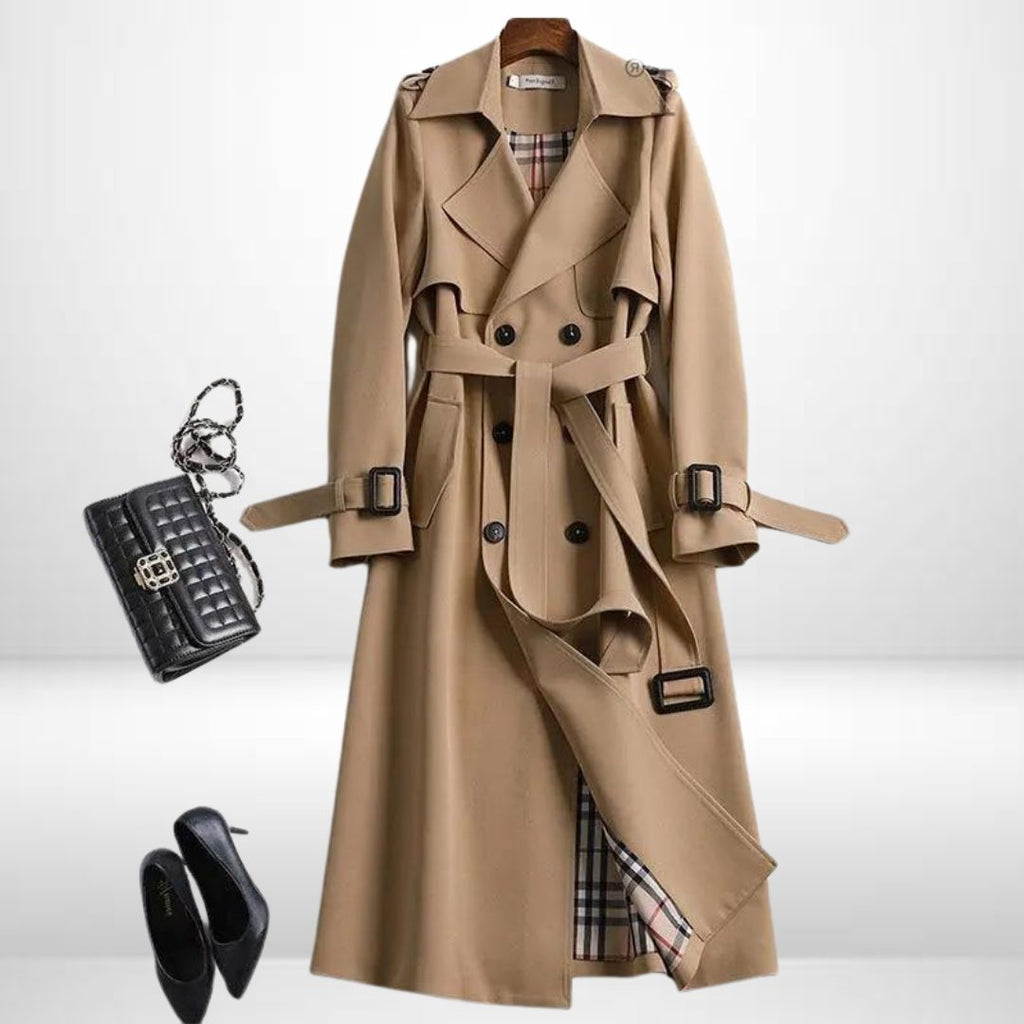 Women's Belted Double-Breasted Midi Trench with Relaxed Cut - Khaki