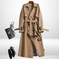 Women's Belted Double-Breasted Midi Trench with Relaxed Cut - Khaki