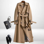 Women's Belted Double-Breasted Midi Trench with Relaxed Cut - Khaki