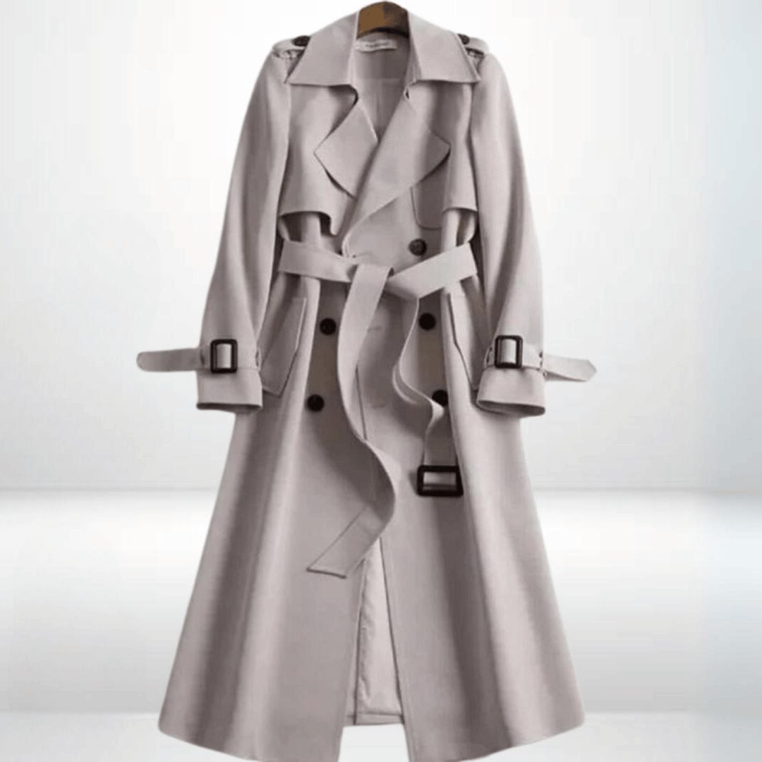 Women's Belted Double-Breasted Midi Trench with Relaxed Cut - Beige