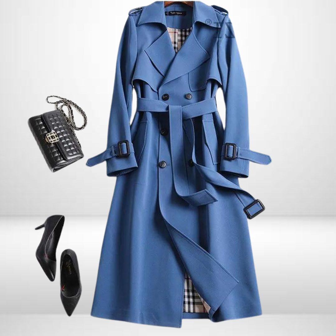 Women's Belted Double-Breasted Midi Trench with Relaxed Cut - Blue