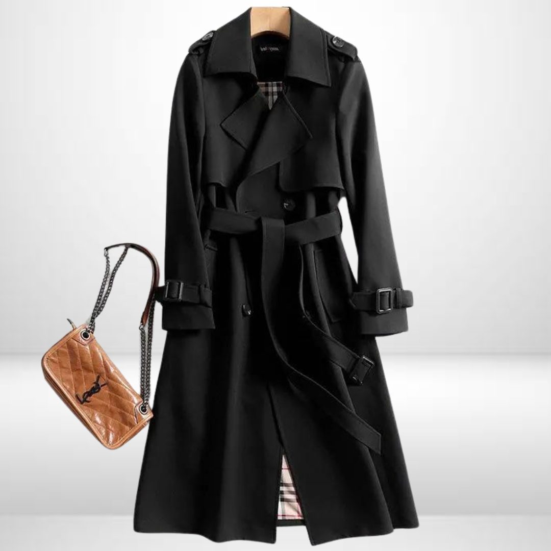 Women's Belted Double-Breasted Midi Trench with Relaxed Cut - Black