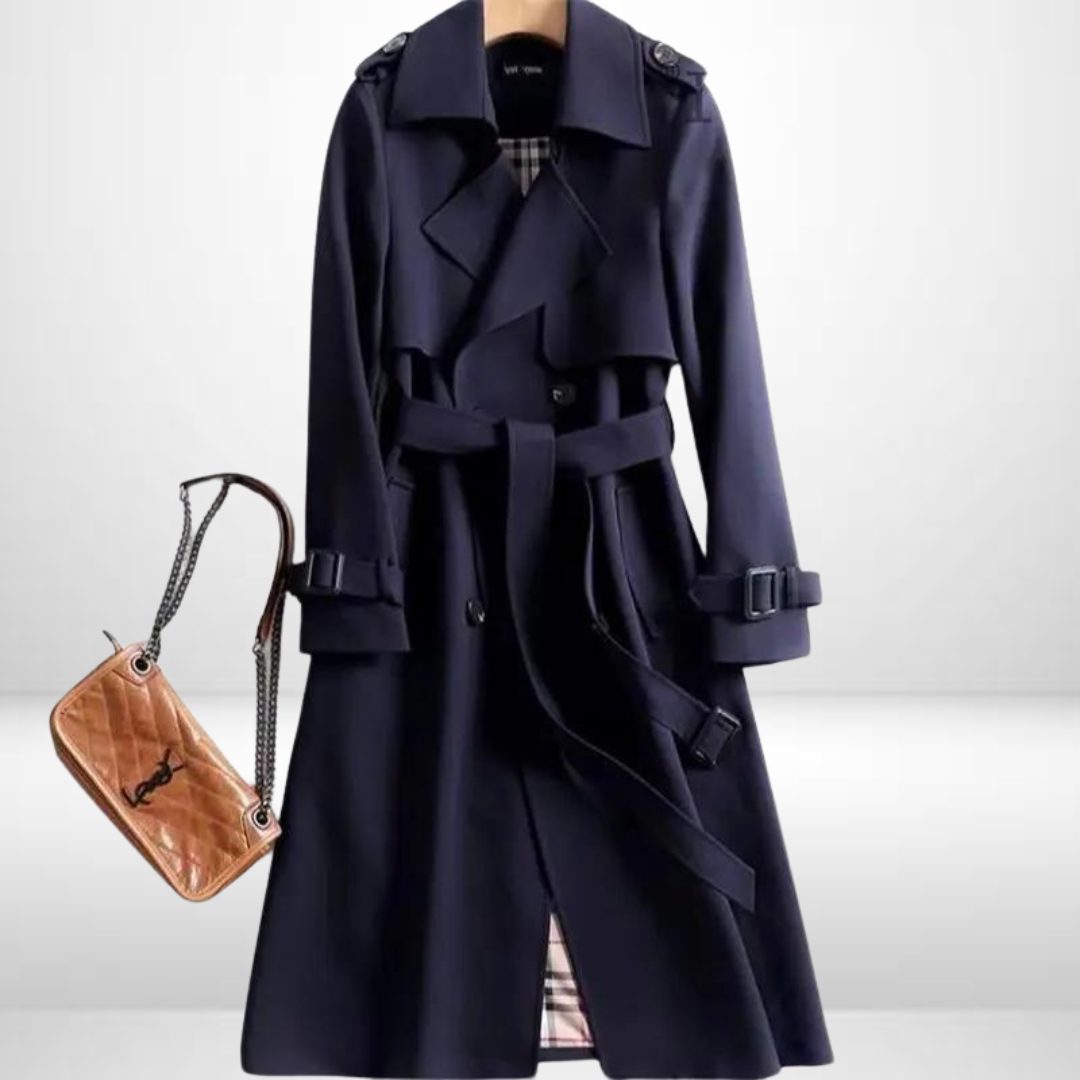 Women's Belted Double-Breasted Midi Trench with Relaxed Cut - Navy Blue