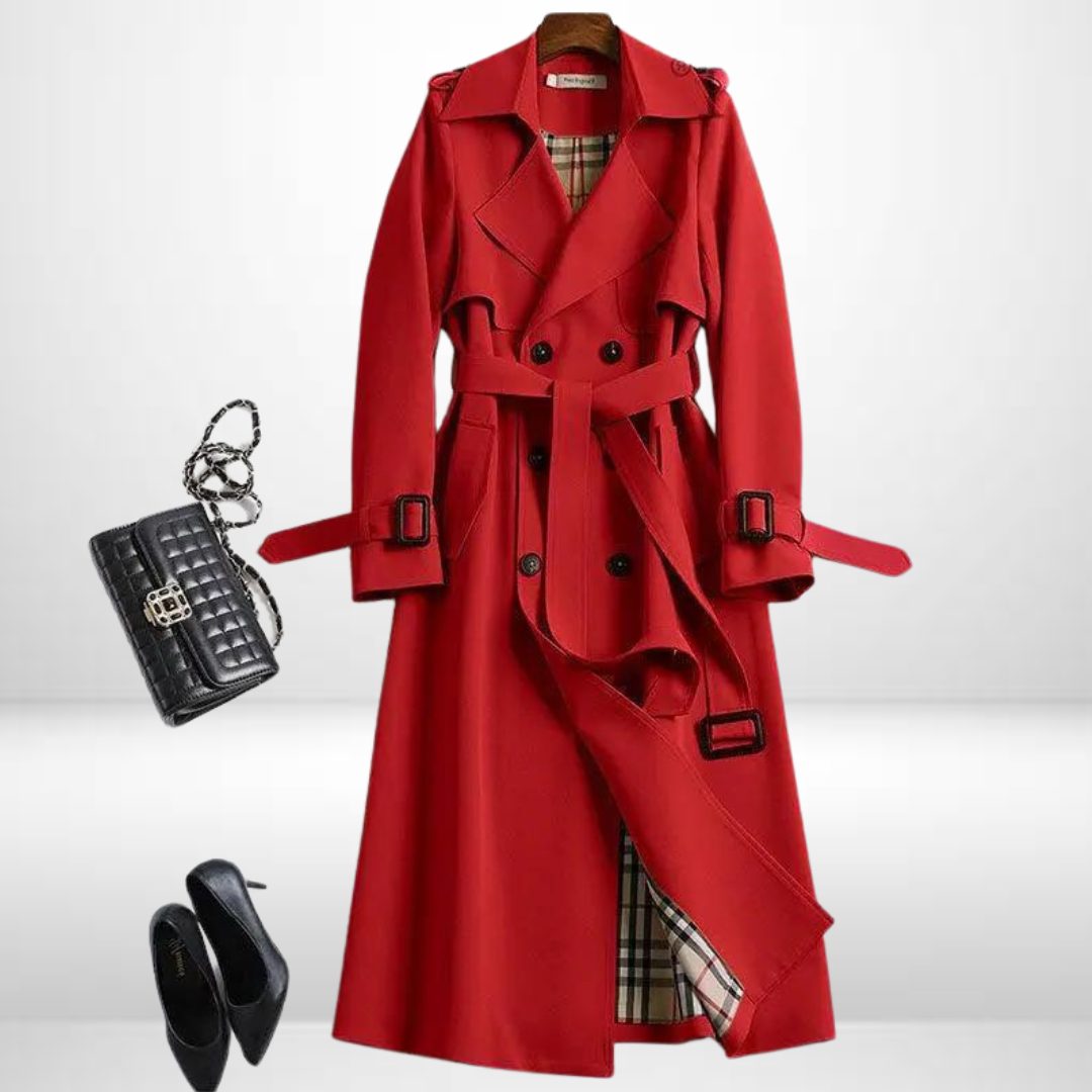 Women's Belted Double-Breasted Midi Trench with Relaxed Cut - Red