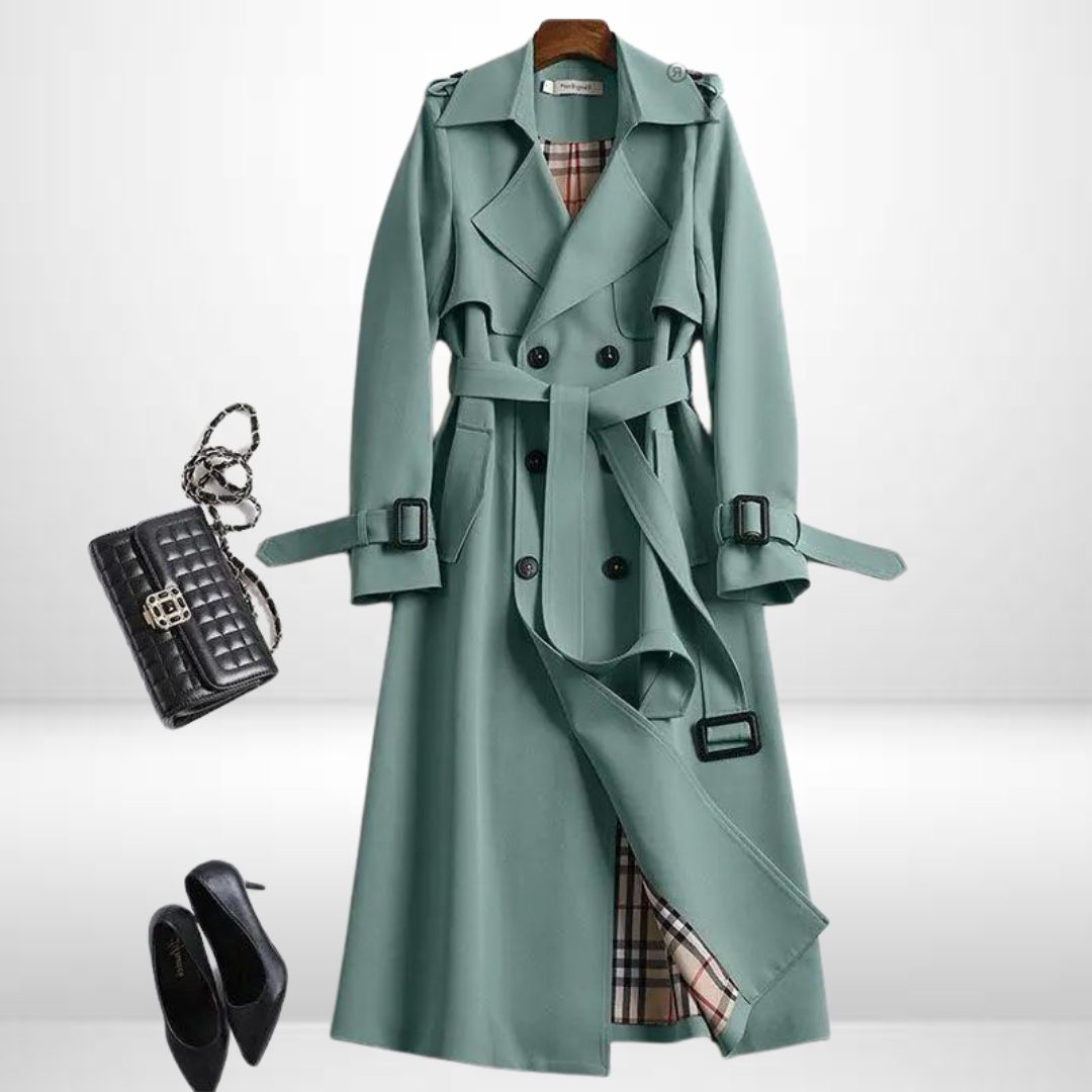 Women's Belted Double-Breasted Midi Trench with Relaxed Cut - Green