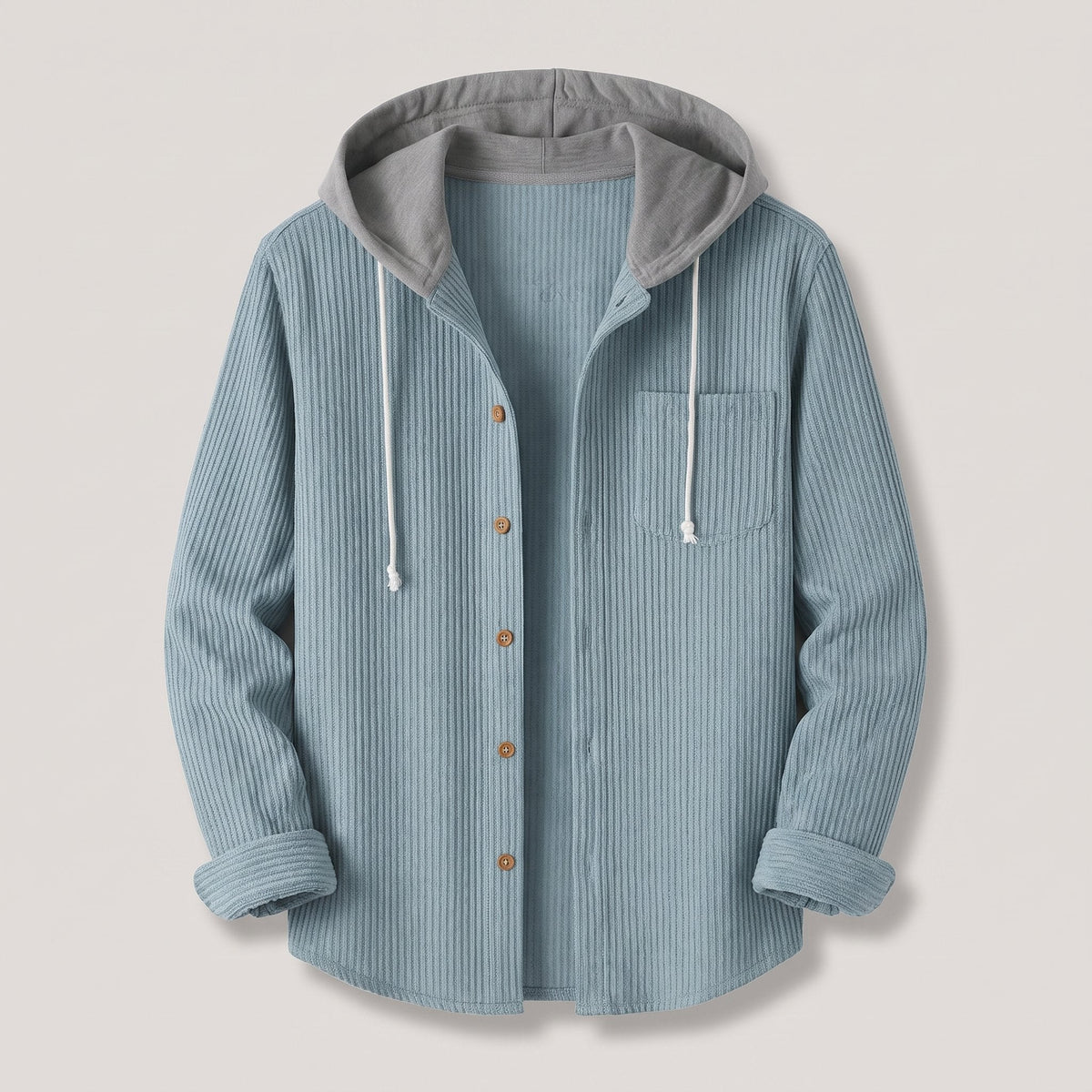 Men's Drawcord-Hood Corduroy Shacket for Easy Layering - Sky Blue