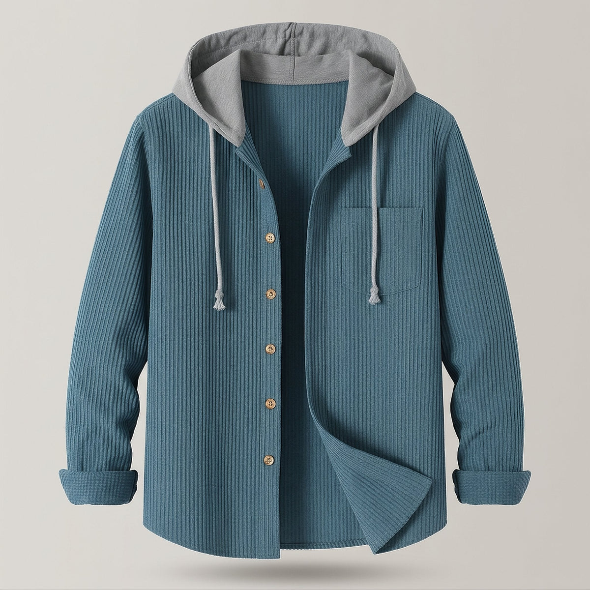 Men's Drawcord-Hood Corduroy Shacket for Easy Layering - Teal