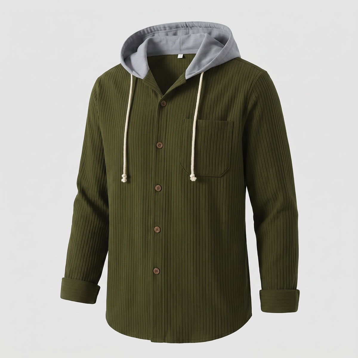 Men's Drawcord-Hood Corduroy Shacket for Easy Layering - Army Green