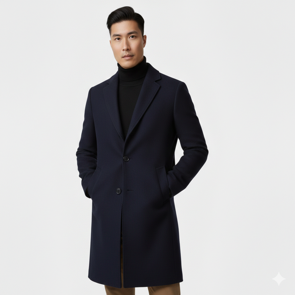 Men's Streamlined Knee-Length Coat with Light Inner Lining - Dark Blue