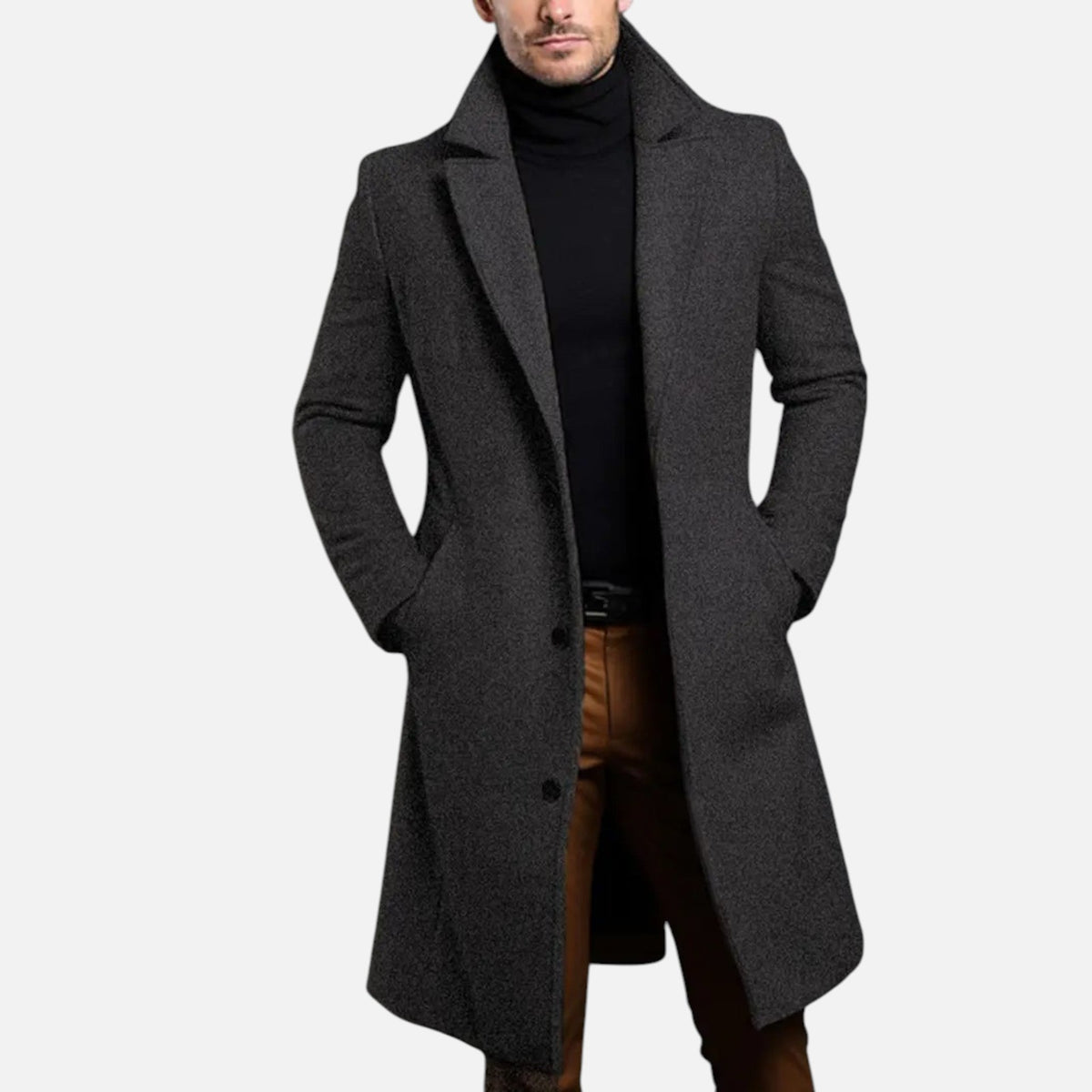 Men's Streamlined Knee-Length Coat with Light Inner Lining - Dark Grey