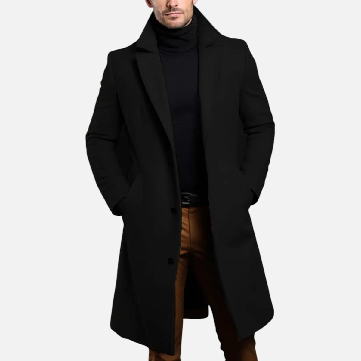 Men's Streamlined Knee-Length Coat with Light Inner Lining - Black