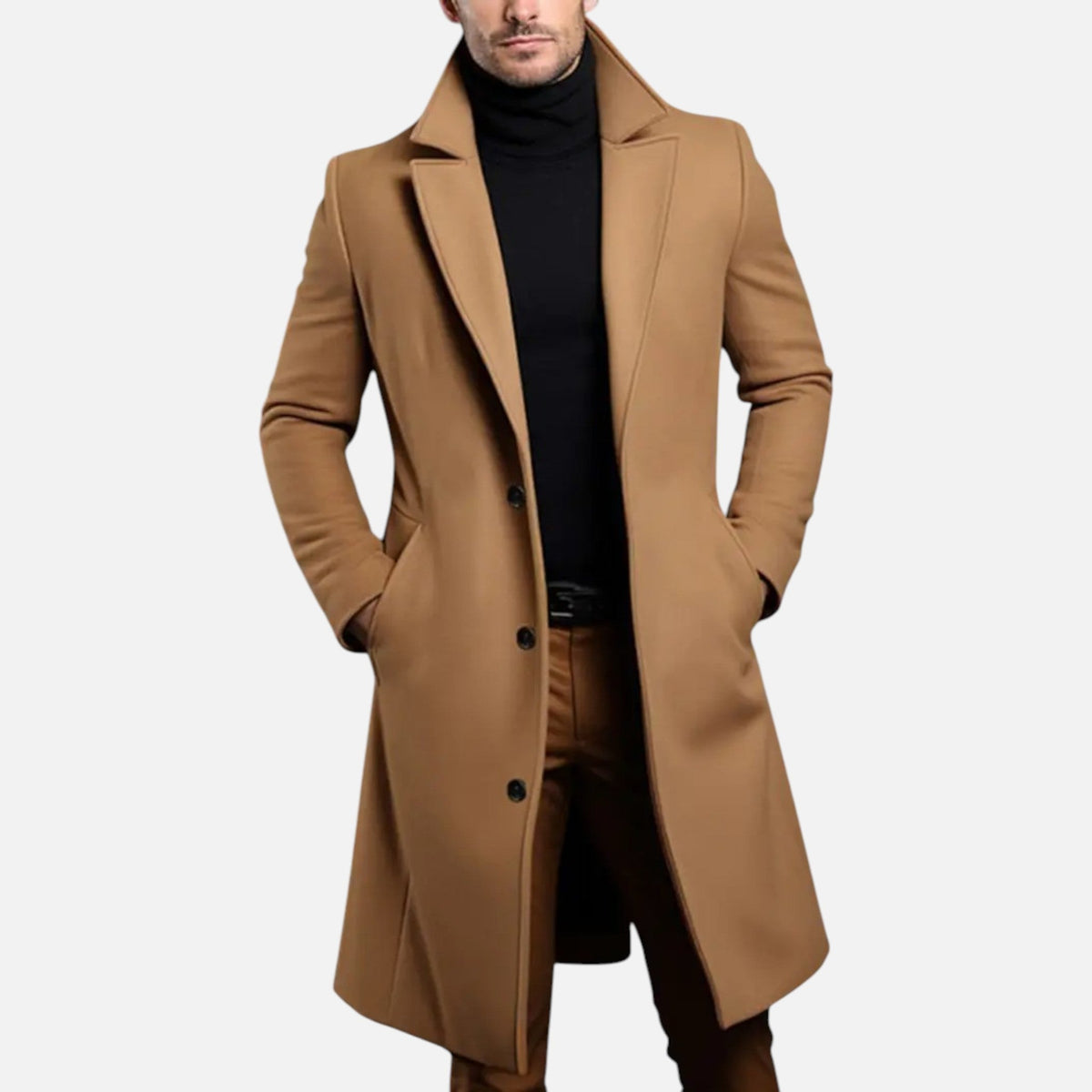 Men's Streamlined Knee-Length Coat with Light Inner Lining - Khaki