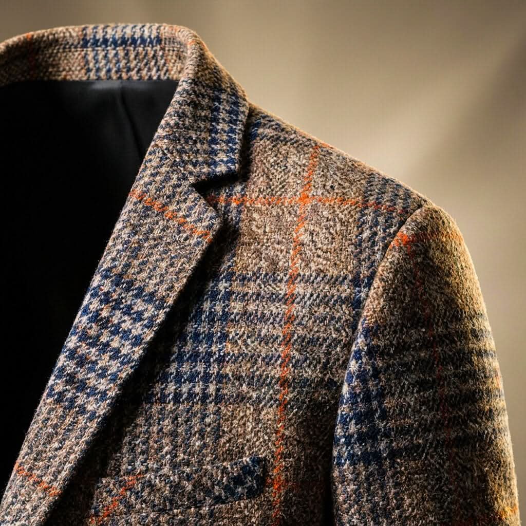 Men's Houndstooth Suit Jacket with Silky Lining and Several Pockets