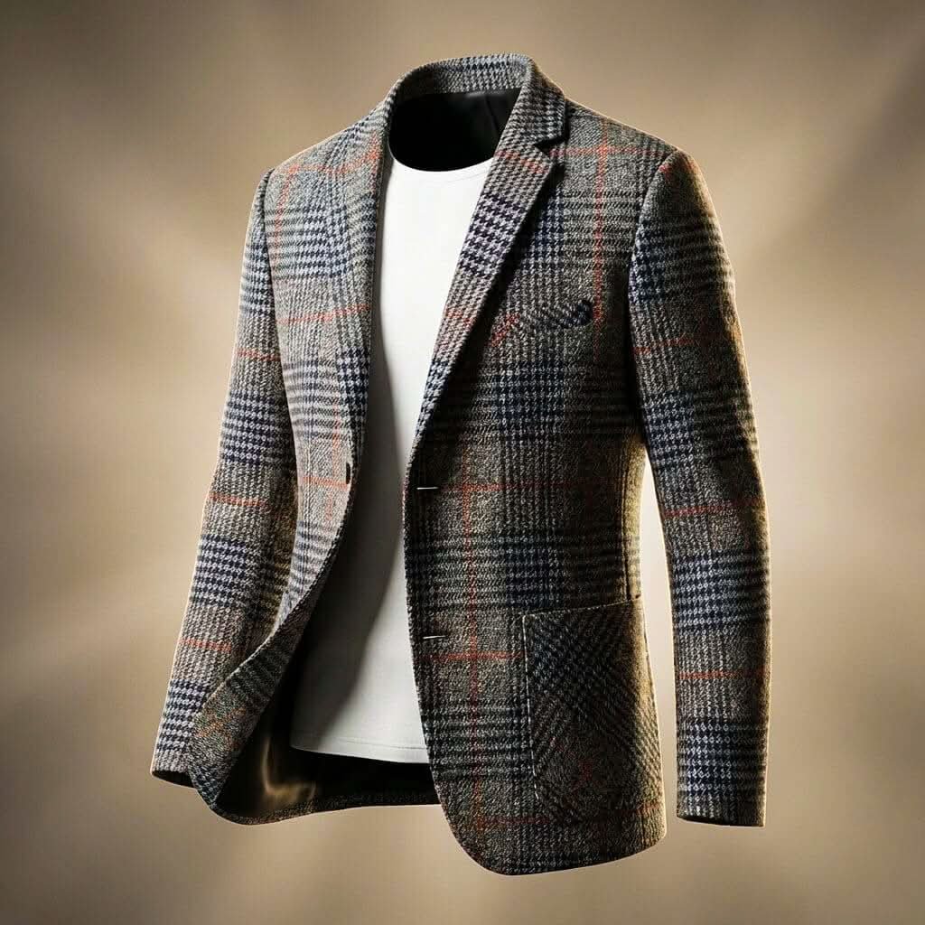 Men's Houndstooth Suit Jacket with Silky Lining and Several Pockets - Grey