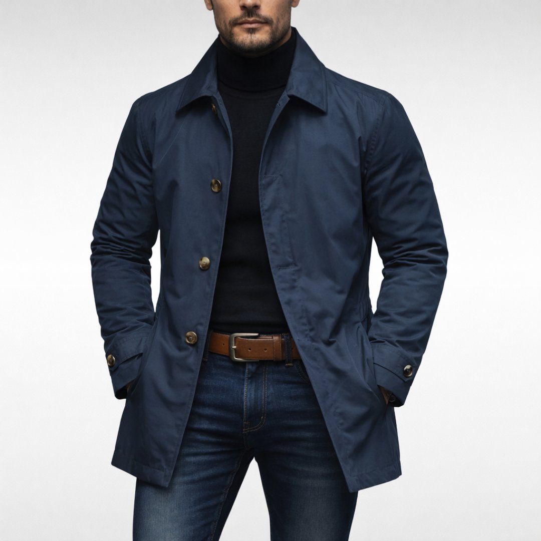 Men's Heritage Rain Mac with Turn-Down Collar and Trench Cut - Navy