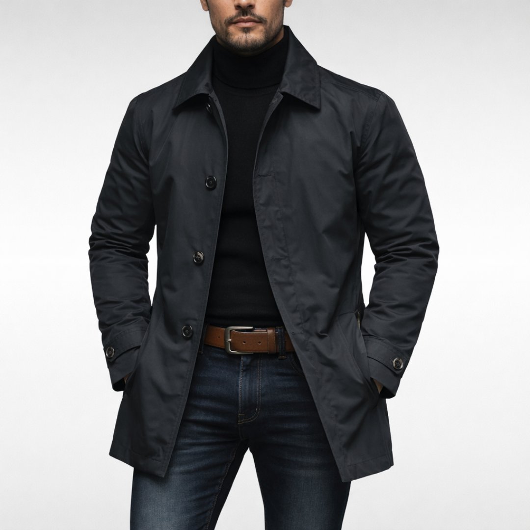 Men's Heritage Rain Mac with Turn-Down Collar and Trench Cut - Black