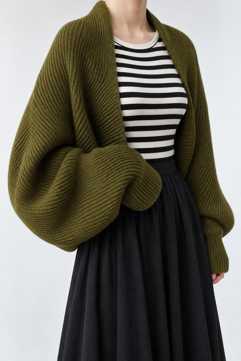 Women's Long-Sleeve Open Cardigan in Roomy Vertical Rib Knit - Olive