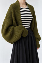 Women's Long-Sleeve Open Cardigan in Roomy Vertical Rib Knit - Olive