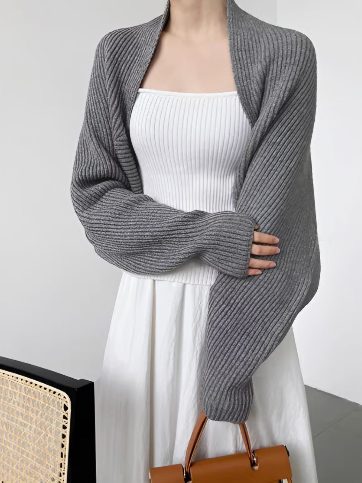 Women's Long-Sleeve Open Cardigan in Roomy Vertical Rib Knit - Grey