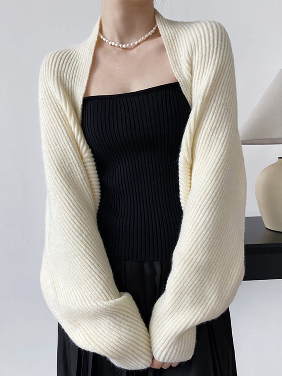 Women's Long-Sleeve Open Cardigan in Roomy Vertical Rib Knit - Off-white