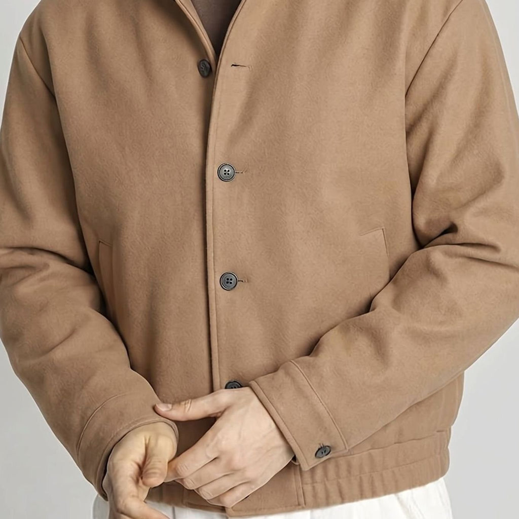 Men's Relaxed Wool-Look Bomber with Two Patch Pockets - Khaki