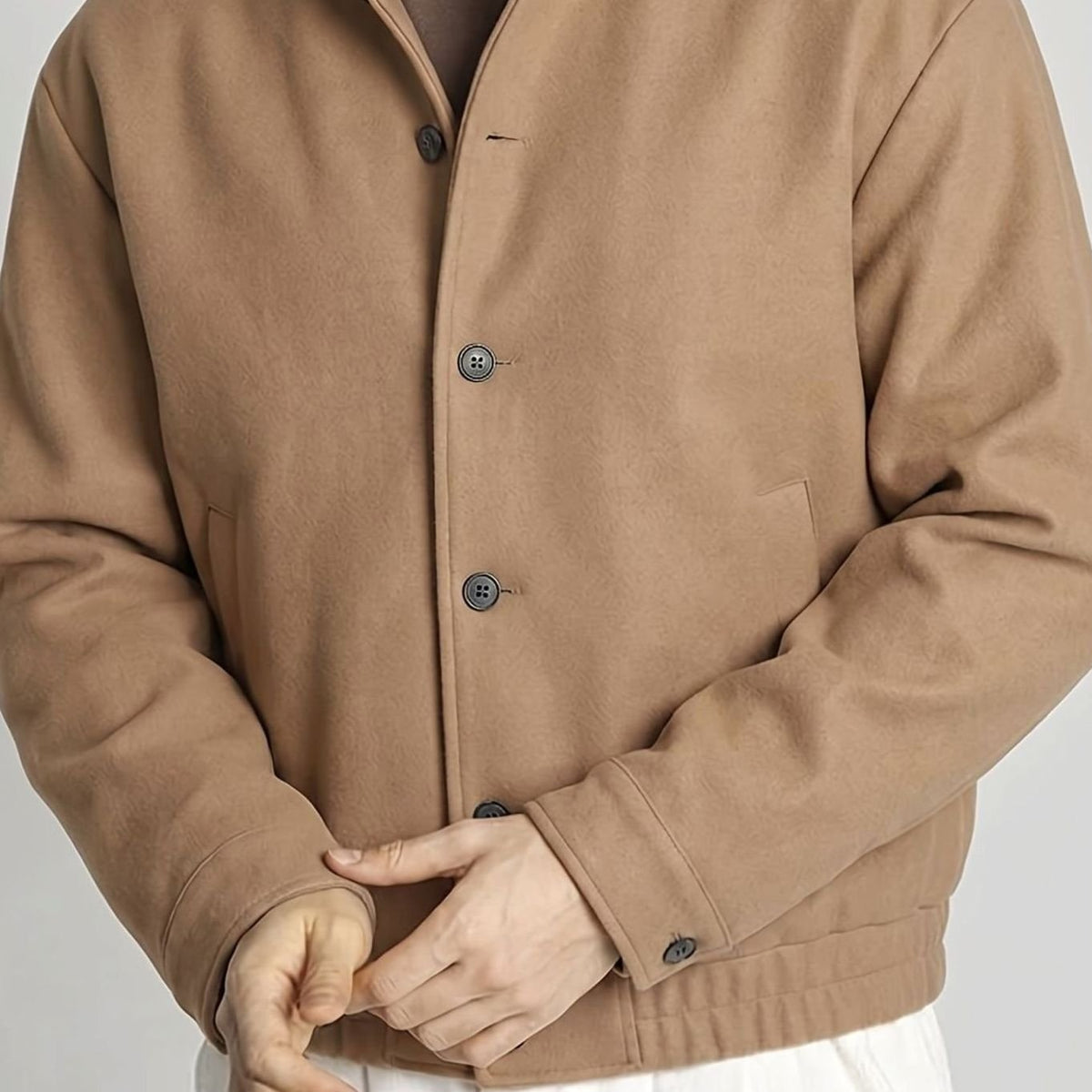 Men's Relaxed Wool-Look Bomber with Two Patch Pockets - Khaki