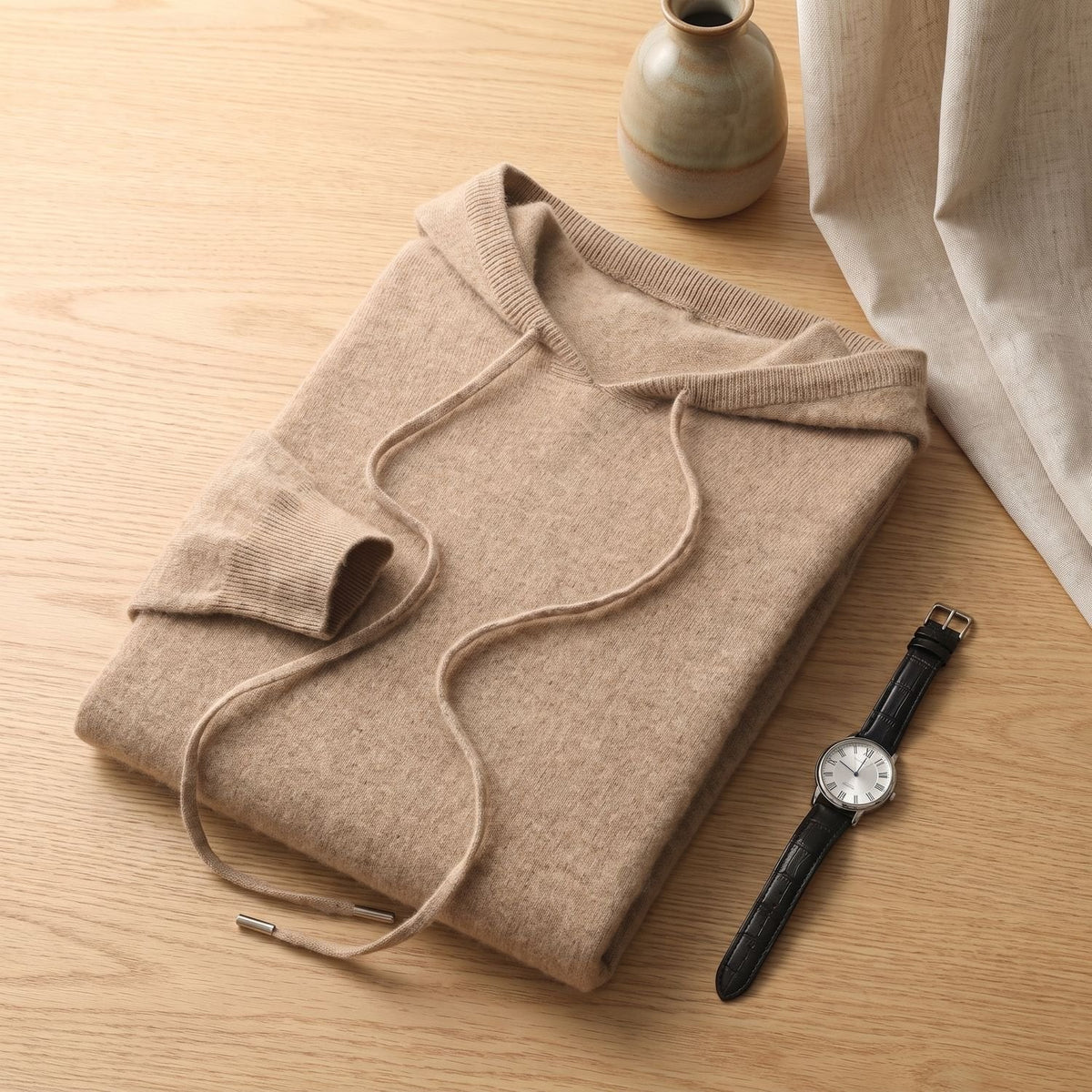 Men's Non-Itch Knitted Hoodie with Adjustable Drawstring - Beige