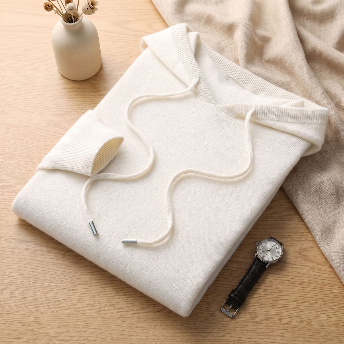 Men's Non-Itch Knitted Hoodie with Adjustable Drawstring - White