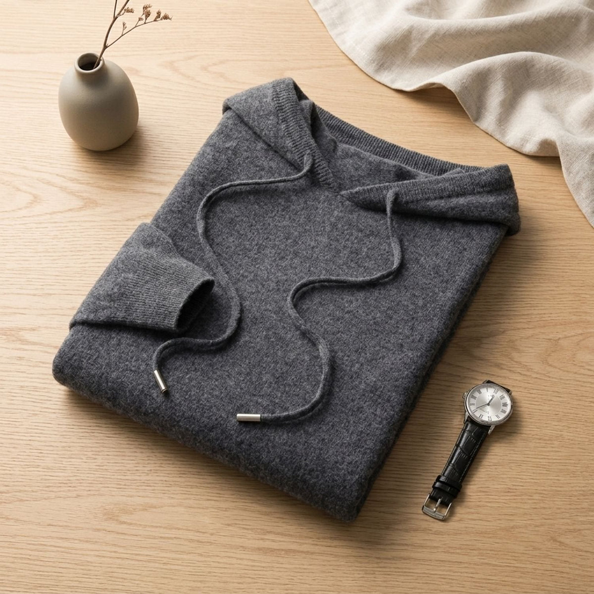 Men's Non-Itch Knitted Hoodie with Adjustable Drawstring - Dark Grey