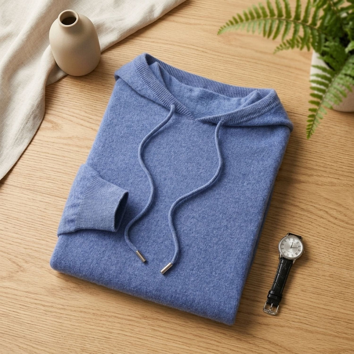 Men's Non-Itch Knitted Hoodie with Adjustable Drawstring - Blue