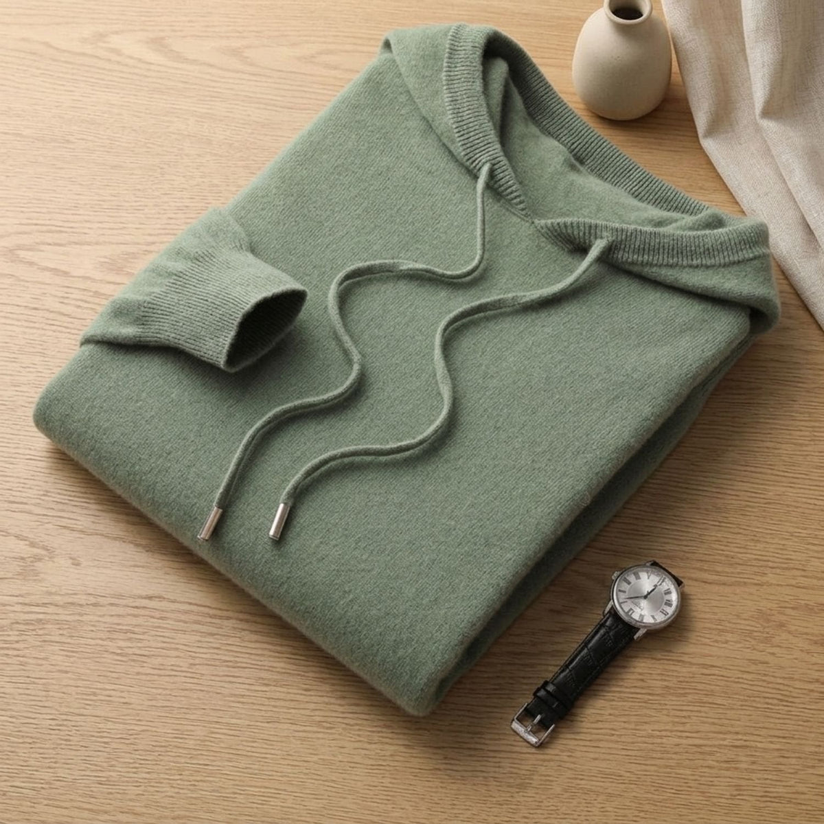 Men's Non-Itch Knitted Hoodie with Adjustable Drawstring - Green