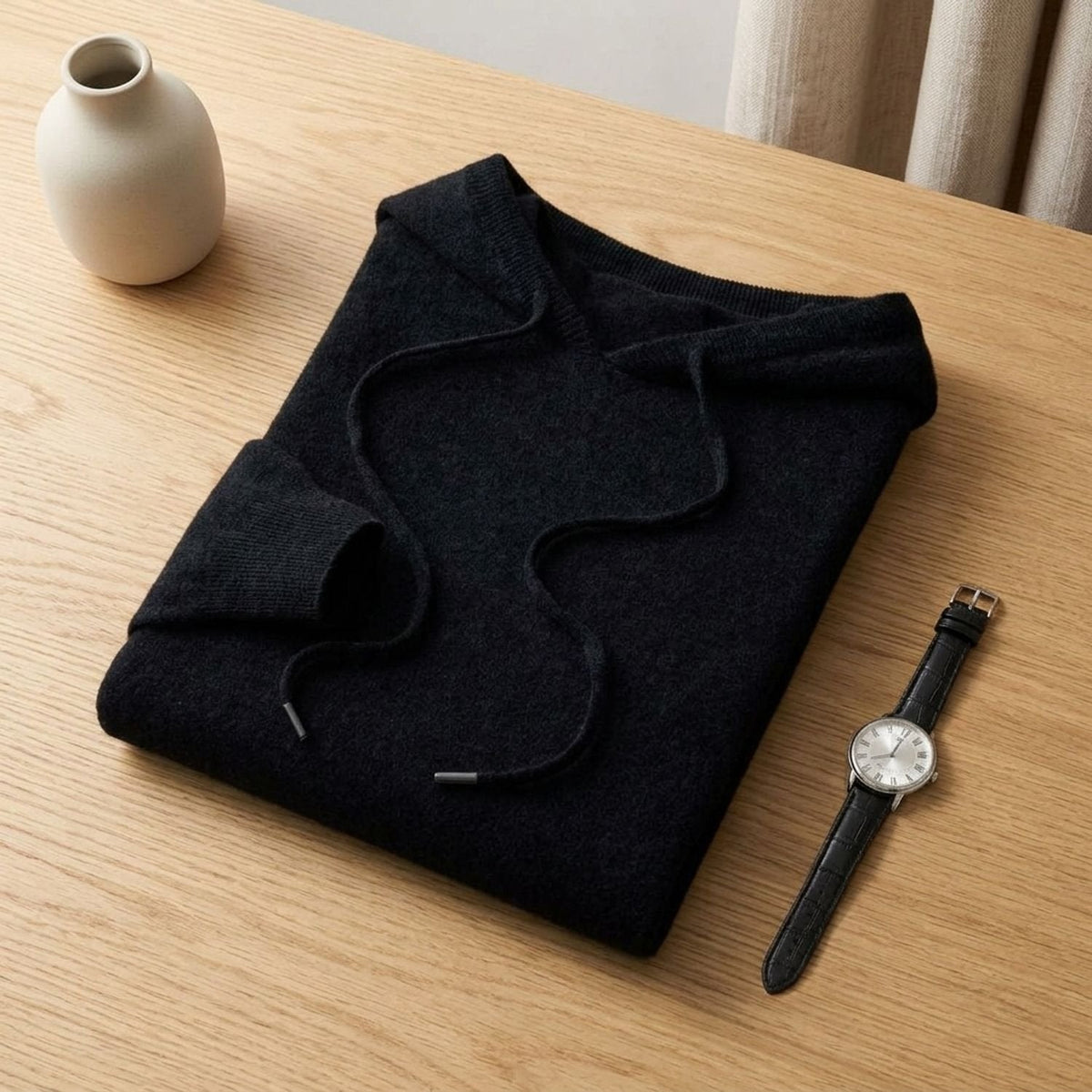 Men's Non-Itch Knitted Hoodie with Adjustable Drawstring - Black