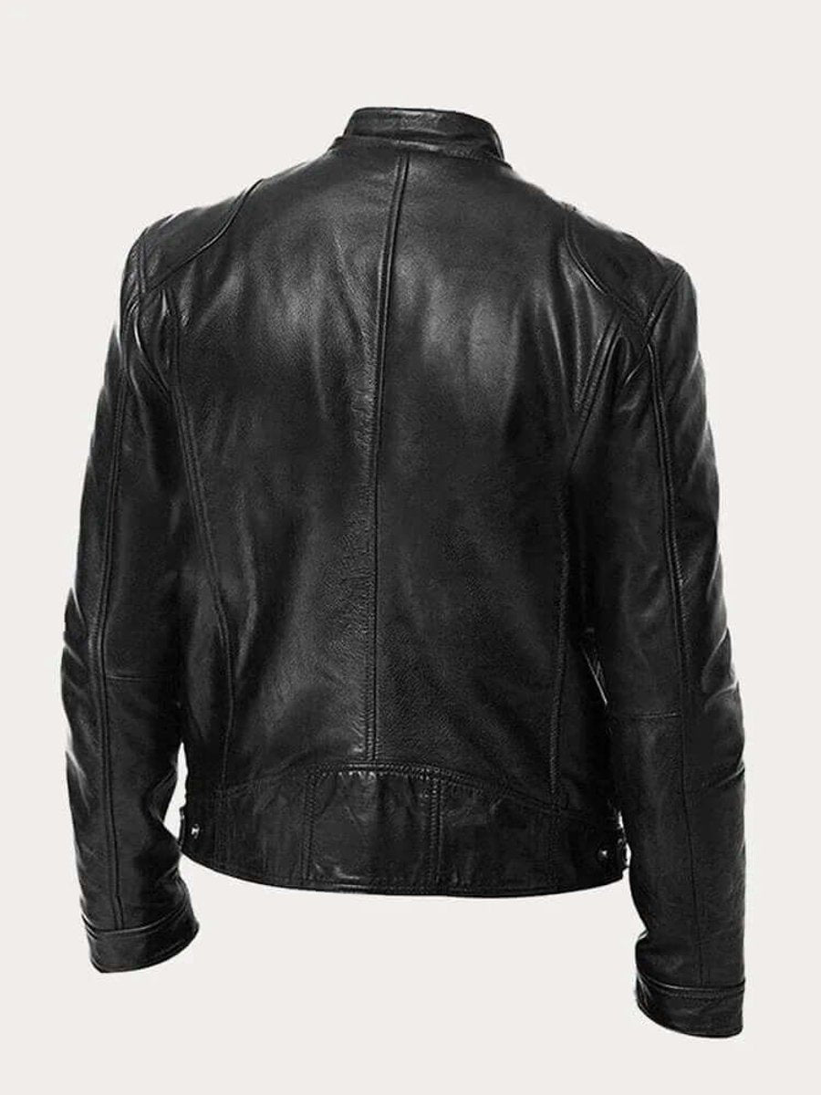 Men's Zip-Front Genuine Leather Biker Jacket with Chest Pockets