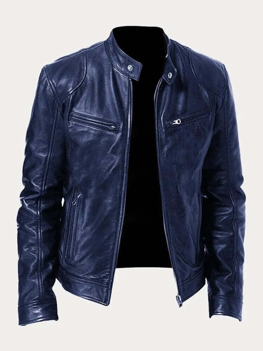 Men's Zip-Front Genuine Leather Biker Jacket with Chest Pockets - Dark Blue