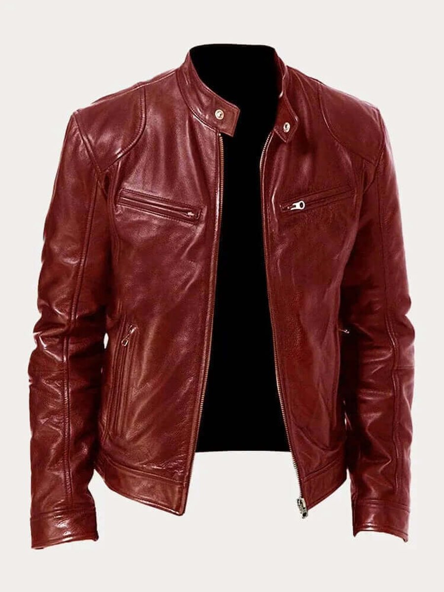 Men's Zip-Front Genuine Leather Biker Jacket with Chest Pockets - Burgundy