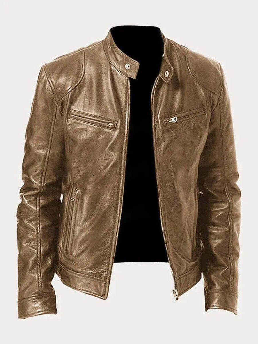 Men's Zip-Front Genuine Leather Biker Jacket with Chest Pockets - Khaki