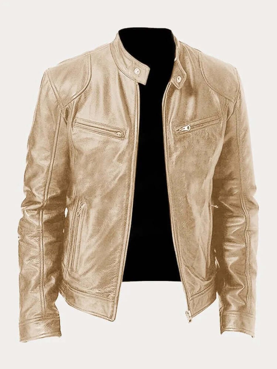 Men's Zip-Front Genuine Leather Biker Jacket with Chest Pockets - Gold