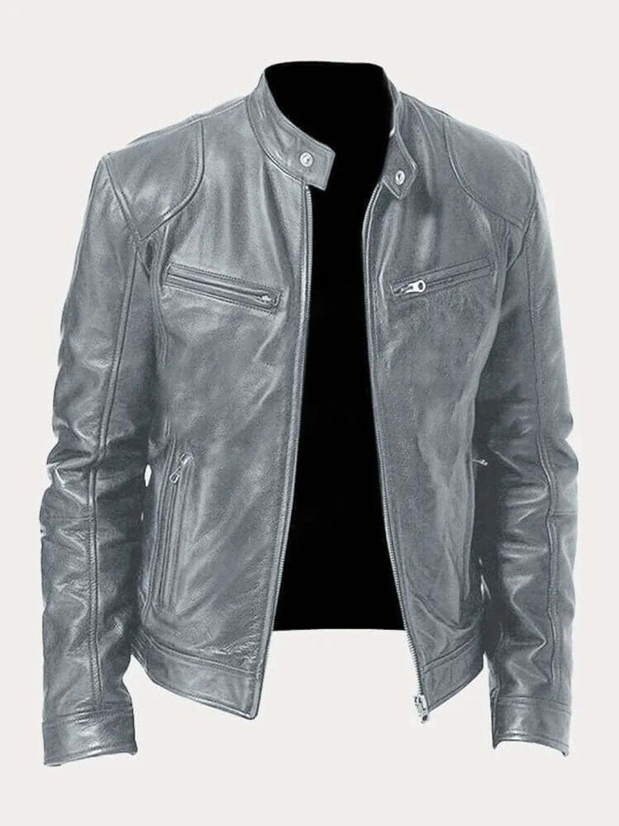 Men's Zip-Front Genuine Leather Biker Jacket with Chest Pockets - Grey