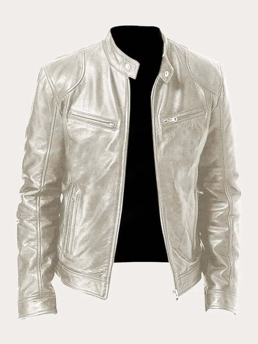Men's Zip-Front Genuine Leather Biker Jacket with Chest Pockets - Silver
