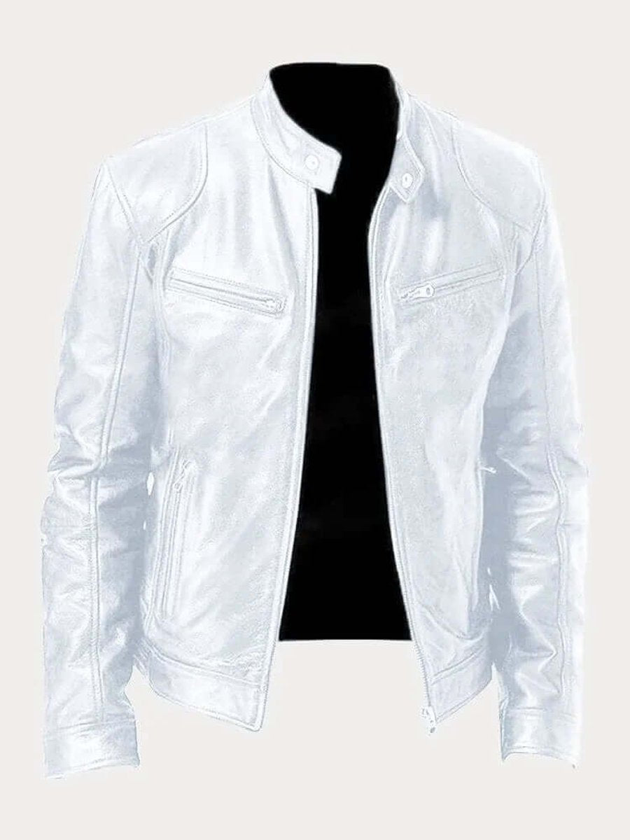 Men's Zip-Front Genuine Leather Biker Jacket with Chest Pockets - White