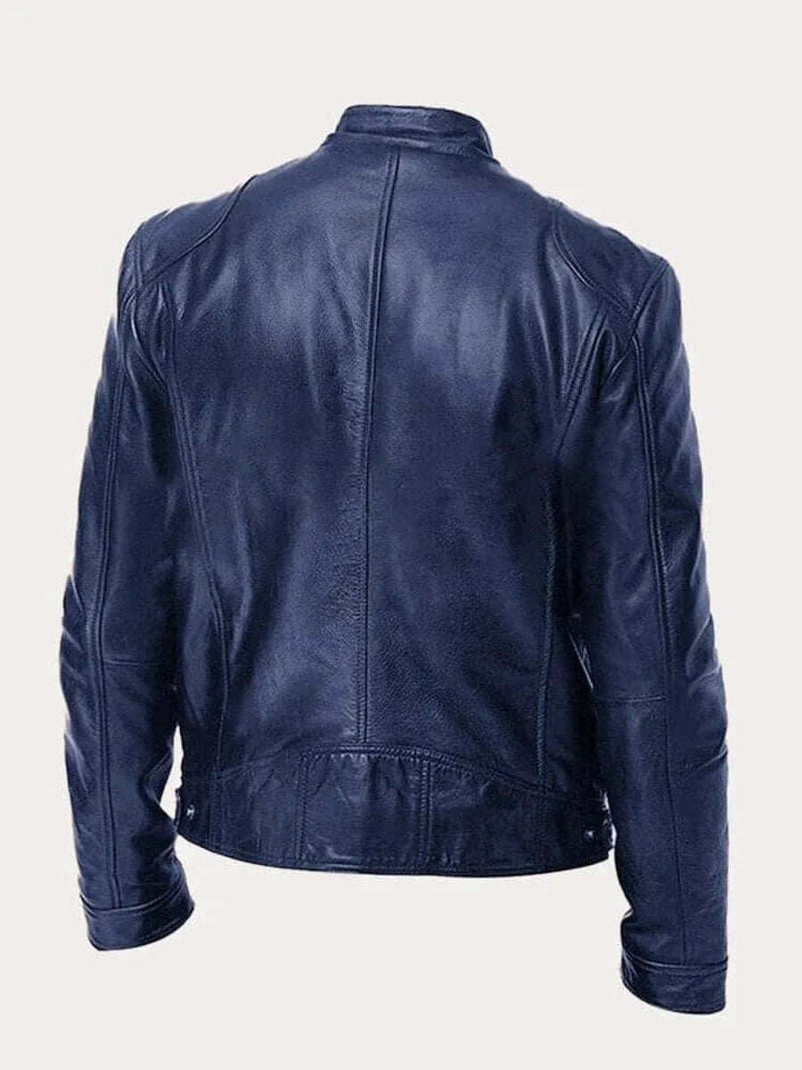 Men's Zip-Front Genuine Leather Biker Jacket with Chest Pockets