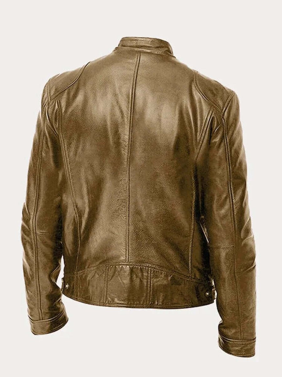 Men's Zip-Front Genuine Leather Biker Jacket with Chest Pockets