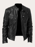 Men's Zip-Front Genuine Leather Biker Jacket with Chest Pockets - Black